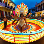 **

A vibrant, colorful float in the Santiago de Cuba Carnival parade. The float is adorned with thousands of lights and Afro-Cuban motifs. Dancers in elaborate, sequined costumes are performing on and around the float. The scene captures the energy and excitement of the carnival, with a focus on the creativity and artistry of the float design. A crowd is blurred in the background, showcasing the immense popularity of the parade.

**