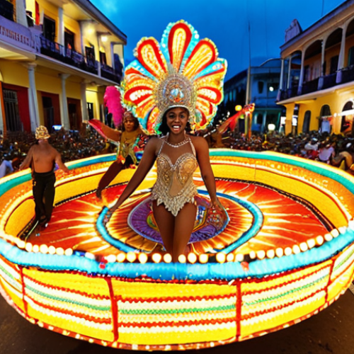 Home 11 **
A vibrant, colorful float in the Santiago de Cuba Carnival parade. The float is adorned with thousands of lights and Afro-Cuban motifs. Dancers in elaborate, sequined costumes are performing on and around the float. The scene captures the energy and excitement of the carnival, with a focus on the creativity and artistry of the float design. A crowd is blurred in the background, showcasing the immense popularity of the parade.
**