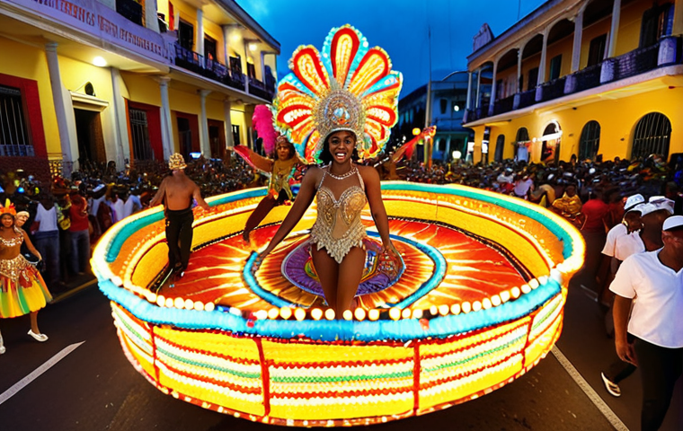 **
A vibrant, colorful float in the Santiago de Cuba Carnival parade. The float is adorned with thousands of lights and Afro-Cuban motifs. Dancers in elaborate, sequined costumes are performing on and around the float. The scene captures the energy and excitement of the carnival, with a focus on the creativity and artistry of the float design. A crowd is blurred in the background, showcasing the immense popularity of the parade.
**