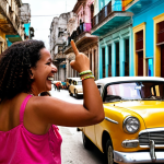 **Image Prompt:** A vibrant street scene in Havana, Cuba. In the foreground, two friends are greeting each other with a cheerful "Qué bolá, asere!". One friend is pointing to their wrist, asking "¿Qué hora tienes?" in a friendly way. The background shows colorful buildings, classic cars, and people enjoying the lively atmosphere.