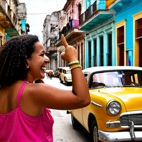 Home 6 **Image Prompt:** A vibrant street scene in Havana, Cuba. In the foreground, two friends are greeting each other with a cheerful "Qué bolá, asere!". One friend is pointing to their wrist, asking "¿Qué hora tienes?" in a friendly way. The background shows colorful buildings, classic cars, and people enjoying the lively atmosphere.