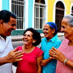 A vibrant and diverse group of Cuban individuals of various ages, fully clothed in modest, everyday attire, gathering in a bustling Havana neighborhood square. They display natural expressions of joy and community, with subtle hints of music or lively conversation. The background features classic Cuban architecture and vibrant, warm colors under natural daylight. perfect anatomy, correct proportions, natural pose, well-formed hands, proper finger count, natural body proportions, safe for work, appropriate content, fully clothed, family-friendly, professional photography, high quality.
