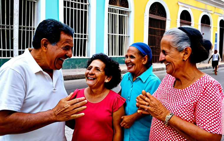 A vibrant and diverse group of Cuban individuals of various ages, fully clothed in modest, everyday attire, gathering in a bustling Havana neighborhood square. They display natural expressions of joy and community, with subtle hints of music or lively conversation. The background features classic Cuban architecture and vibrant, warm colors under natural daylight. perfect anatomy, correct proportions, natural pose, well-formed hands, proper finger count, natural body proportions, safe for work, appropriate content, fully clothed, family-friendly, professional photography, high quality.