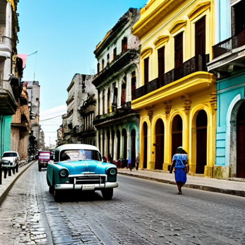 Old Havana Street Scene**

"A vibrant street scene in Old Havana, Cuba. Colonial architecture with colorful facades, vintage cars parked along the cobblestone street, people strolling and enjoying the atmosphere, fully clothed in modest attire, safe for work, appropriate content, perfect anatomy, correct proportions, professional photography, high quality."

**