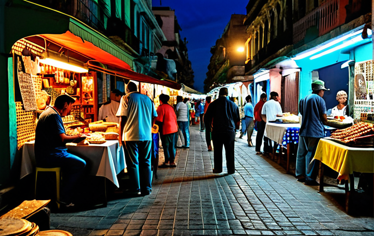 **

"A vibrant Havana night market scene, fully clothed people browsing artisan crafts under dim lights, food stalls with visible Cuban street food, safe for work, appropriate content, fully clothed, professional photography, perfect anatomy, natural proportions, family-friendly atmosphere."

**