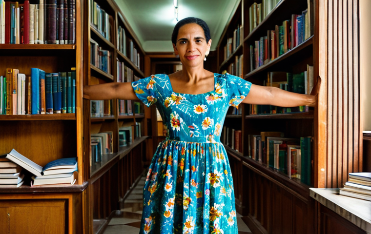 **Subject:** A librarian in a Havana library, surrounded by stacks of books.
    **Clothing/Environment:** She wears a modest, colorful Cuban dress. The library has high ceilings and natural light.
    **Modifiers:** professional, family-friendly, fully clothed, safe for work, appropriate content, perfect anatomy, natural proportions, warm lighting, detailed background.