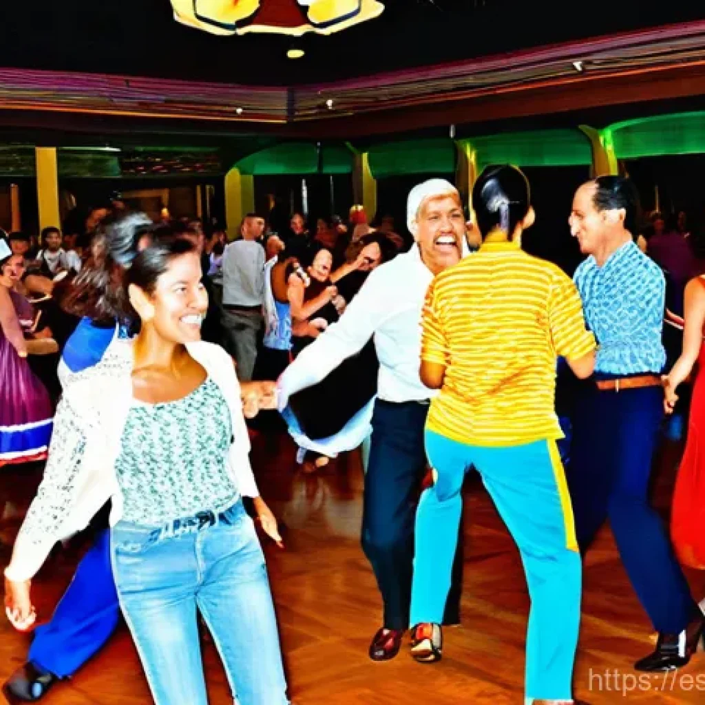 쿠바 전통 춤 살사 배우기 - **Vibrant Rueda de Casino Dance:**
A diverse group of adults (ages 15 and up), dressed in modest...