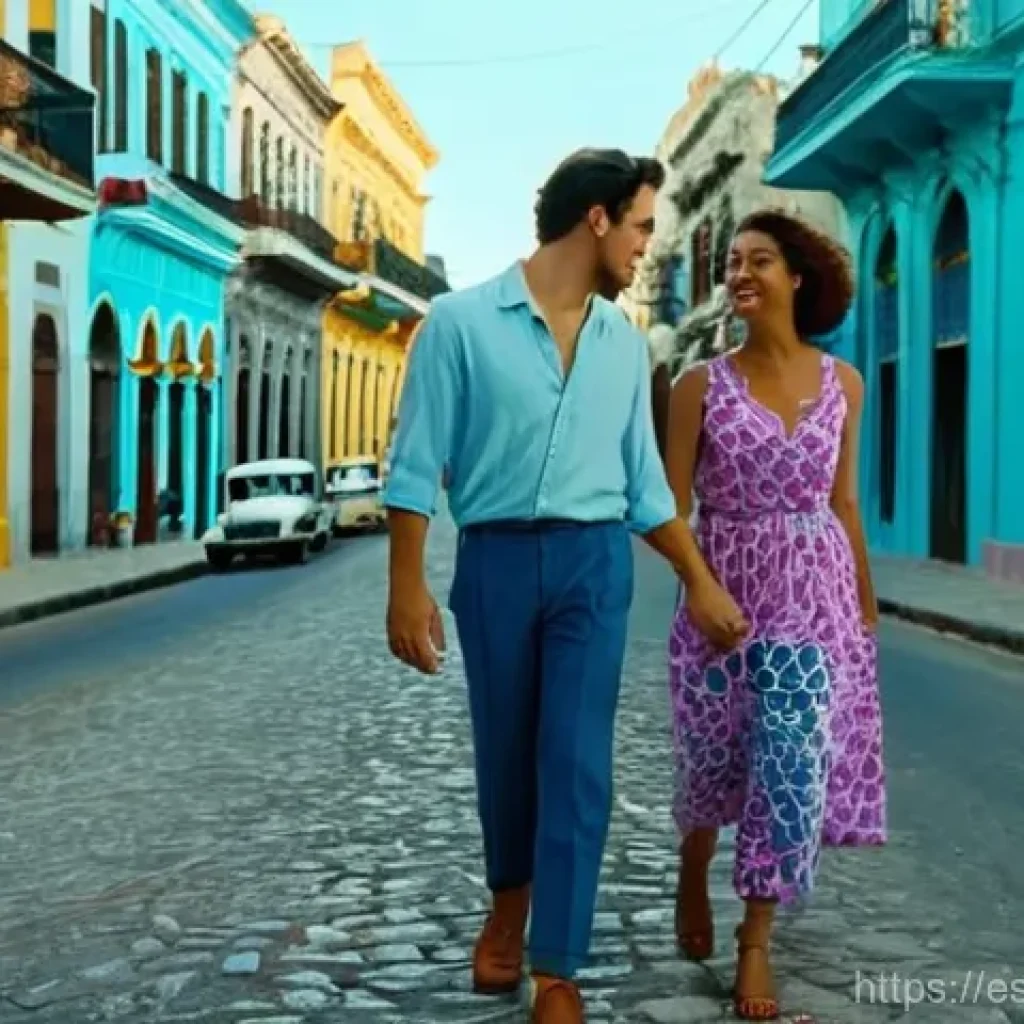 쿠바에서 신혼여행 가볼 만한 곳 - **Old Havana Honeymoon Stroll:**
A young, happy couple in their late 20s to early 30s, dressed i...