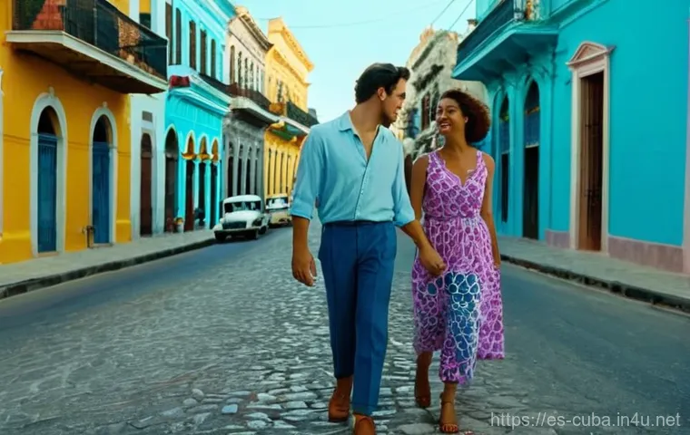 쿠바에서 신혼여행 가볼 만한 곳 - **Old Havana Honeymoon Stroll:**
    A young, happy couple in their late 20s to early 30s, dressed i...
