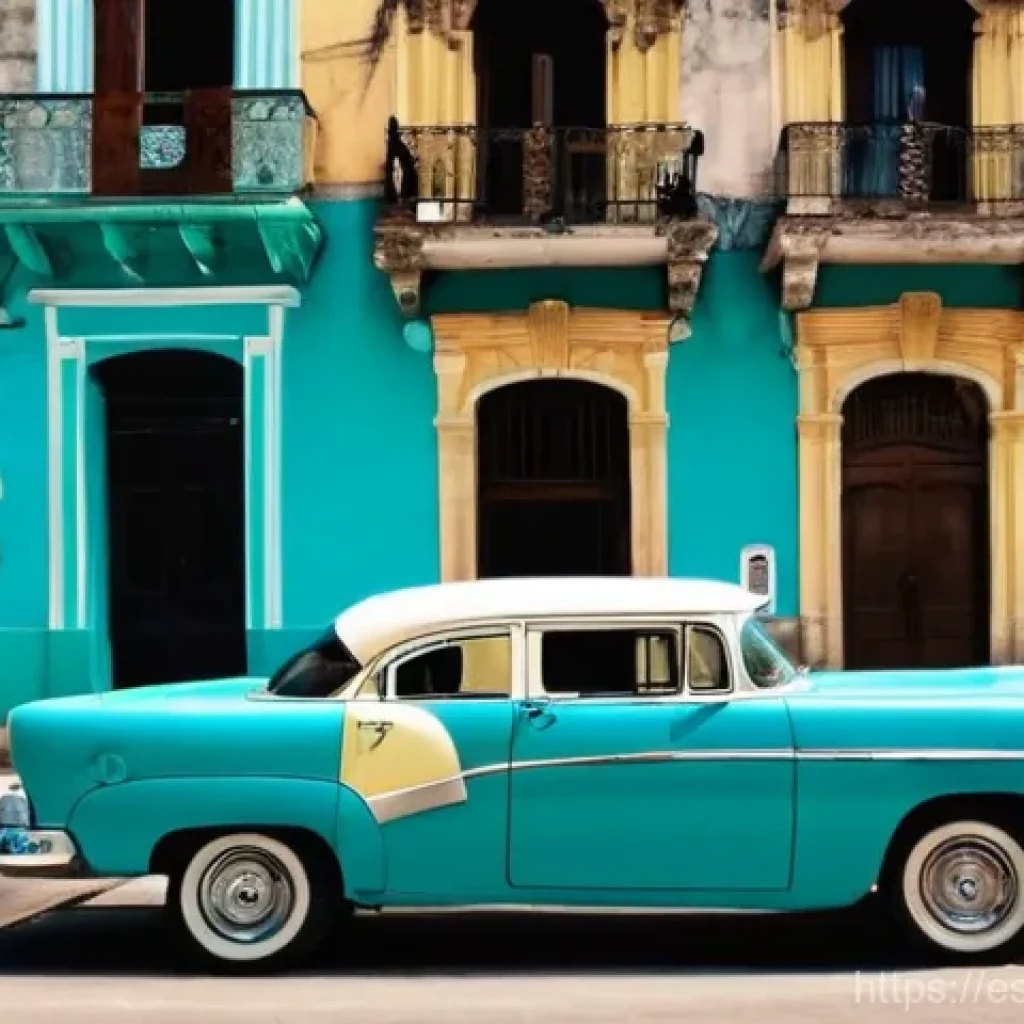 쿠바에서 역사 투어 패키지 - **Prompt:** A vibrant, sun-drenched street scene in Old Havana, Cuba. The image features narrow, cob...