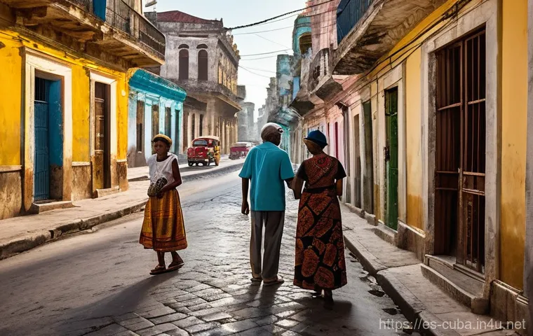 쿠바의 종교와 신앙생활 - **A Vibrant Street Scene in Old Havana, Cuba, depicting everyday spiritual syncretism.**
"A bust...