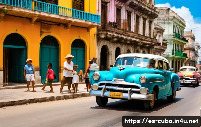 쿠바에서 무비자 입국 가능 국가 - A vibrant street scene in Havana, Cuba, showcasing colorful colonial architecture with vintage Ameri...