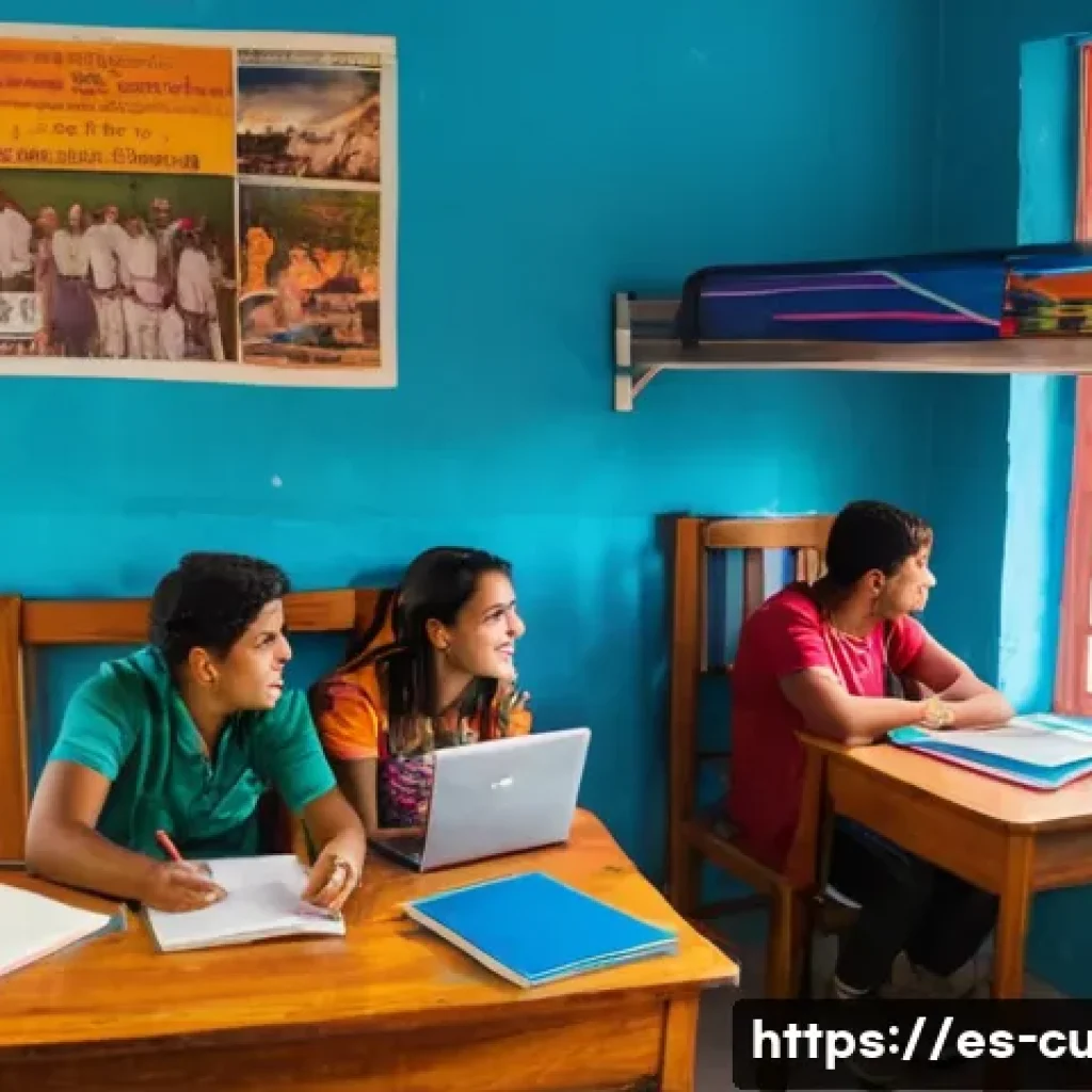 쿠바에서 학생 비자로 체류 가능성 - A vibrant scene inside a Cuban university student residence hall, showing a diverse group of young i...