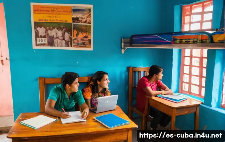 쿠바에서 학생 비자로 체류 가능성 - A vibrant scene inside a Cuban university student residence hall, showing a diverse group of young i...