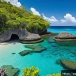 쿠바 유명 해변과 스노클링 명소 - A serene hidden cove near Baracoa, Cuba, featuring crystal-clear turquoise waters gently lapping aga...