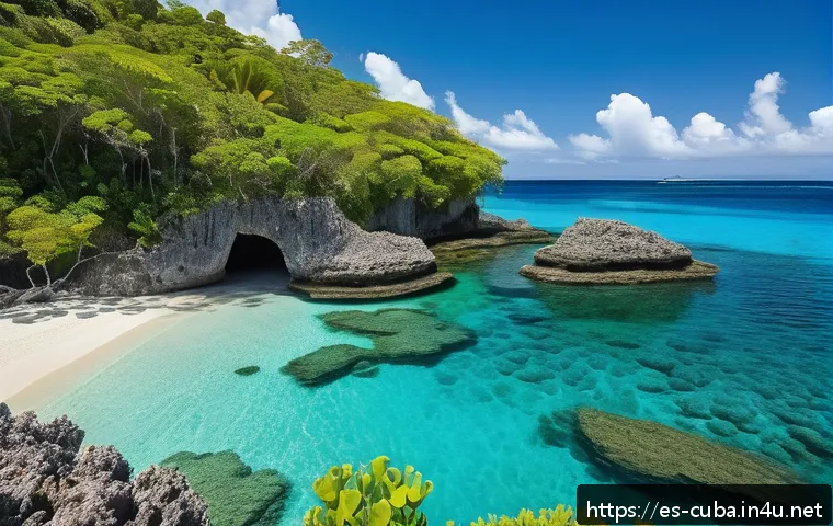 쿠바 유명 해변과 스노클링 명소 - A serene hidden cove near Baracoa, Cuba, featuring crystal-clear turquoise waters gently lapping aga...